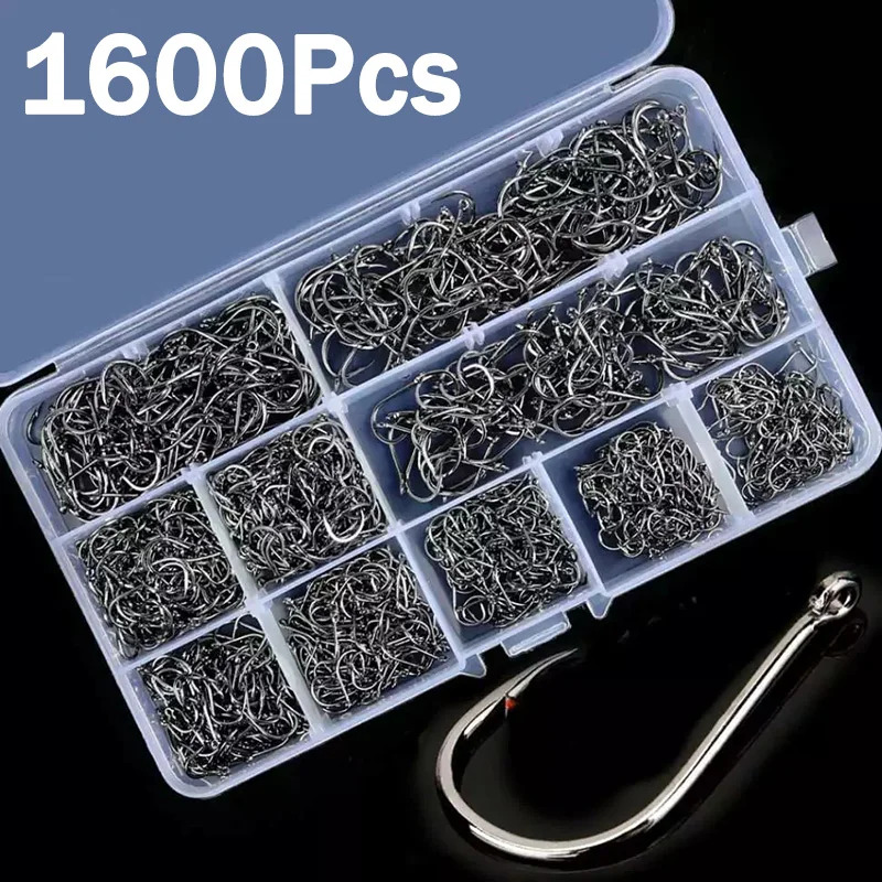 Fishing Hook Assortment - 50–1600 Stück/Box Angelhaken, Kohlenstoffstahl, stark, scharf,